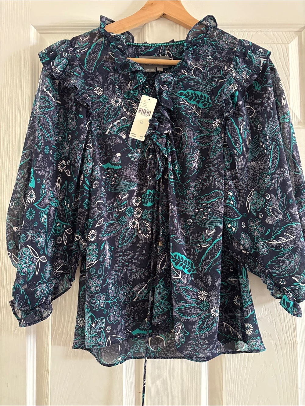 Anthropologie Navy Teal Floral Ruffle Tie-Neck Blouse